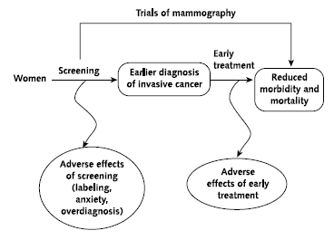 Appendix Figure 1 is the analytic framework used for this evidence summary. Trials of mammography link screening to health outcomes, but do not address the intermediate steps (screening and early treatment) or harms (adverse effects of screening and early treatment). Arrows indicating screening and early treatment represent the intermediate steps in the causal chain linking screening with improved mortality and morbidity. 