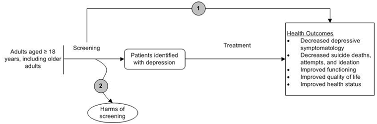 This figure is the analytic framework that depicts the two Key Questions (KQs) to be addressed by the systematic review. The figure illustrates how depression screening programs in the general adult population (including older adults) may improve health outcomes (KQ 1) but may also have possible harms (KQ 2).