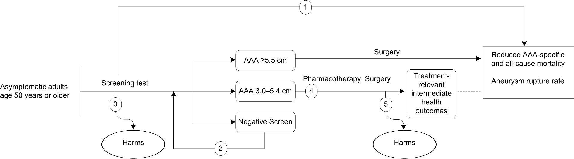 Figure 1 is the analytic framework that depicts the five Key Questions to be addressed in the systematic review. The figure illustrates how screening for abdominal aortic aneurysm (AAA) may result in improved health outcomes, including reducing AAA-specific and all-cause mortality, as well as aneurysm rupture rate (KQ1). Additionally, the figure depicts the effects of rescreening for AAA on health outcomes or AAA incidence in a previously screened, asymptomatic population (KQ2), as well as harms associated with one-time and repeated screening (KQ3). Further, the figure illustrates how treating small AAAs (i.e., aortic diameter of 3.0 to 5.4 cm) with pharmacotherapy or surgery effects treatment-relevant intermediate health outcomes (KQ4) and what harms are associated with these treatments (KQ5).