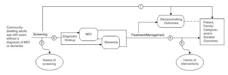 Figure 1 is the analytic framework that depicts the five Key Questions to be addressed in the systematic review. The figure illustrates how screening for cognitive impairment in adults age 65 years or older may result in improved intermediate outcomes (decisionmaking) and health outcomes (patient, family/caregiver, and societal outcomes) (Key Question 1). There is also a question related to the accuracy of screening instruments used to detect cognitive impairment (Key Question 2) and potential harms of screening (Key Question 3). Additionally, the figure illustrates how interventions for early-stage dementia may have an effect on intermediate outcomes (decisionmaking) and health outcomes (patient, family/caregiver, and societal outcomes) (Key Question 4), and whether these interventions result in any harms (Key Question 5).