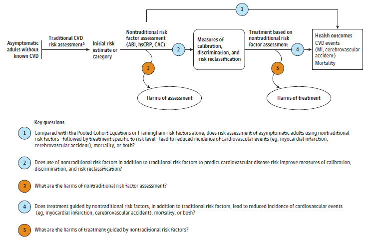 Figure 1 is the analytic framework that depicts the five Key Questions addressed in the systematic review. The figure illustrates how nontraditional risk factor assessment may result in improved health outcomes, including cardiovascular morbidity and mortality (KQ1). Additionally, the figure illustrates how nontraditional risk factor assessment may improve measures of calibration, discrimination, and risk reclassification (KQ2) and how treatment based on nontraditional risk factor assessment may improve health outcomes (KQ4). Further, the figure depicts whether nontraditional risk factor assessment or treatment based on nontraditional risk factor assessment are associated with any adverse events (KQ3 and KQ5).