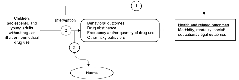Figure 1 is an analytic framework that depicts three Key Questions to be addressed in the systematic review. The figure illustrates how interventions to prevent  drug use in children, adolescents, and young adults without regular illicit or nonmedical drug use may result in improved health and related outcomes, including morbidity, mortality, and social, educational, and legal outcomes (Key Question 1), and behavioral outcomes, including drug abstinence, frequency or quantity of drug use, and other risky behaviors (Key Question 2). Additionally, the figure addresses whether interventions to reduce drug use among children, adolescents, and young adults without regular illicit or nonmedical drug use may result in any harms (Key Question 3).