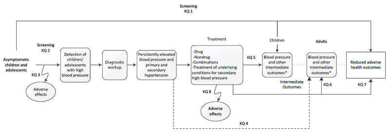 This figure is the analytic framework depicting the eight key questions and the research approach that will guide the evidence review outlined in this research plan. In general, the figure illustrates the overarching question of whether screening for high blood pressure (i.e., persistently elevated blood pressure or hypertension) in children and adolescents delays the onset of or reduces adverse health outcomes related to high blood pressure (Key Question 1). The framework starts on the left with the patient population of interest, asymptomatic children and adolescents. Moving from left to right, the figure depicts an initial screening assessment, following which detection occurs for children and adolescents with high blood pressure (Key Question 2). Those detected to have high blood pressure will then have a diagnostic workup. Following diagnostic workup, individuals may be classified as having persistently elevated blood pressure and primary and secondary hypertension or not. The association of primary hypertension in children and adolescents and high blood pressure and other intermediate outcomes (including left ventricular hypertrophy, urinary albumin excretion, intima media thickness, and retinal vascular changes) in adults is also assessed (Key Question 4). Screening may result in harms (Key Question 3). For children and adolescents with hypertension, treatment may reduce blood pressure and other intermediate outcomes in children (Key Question 5) and adults (Key Question 6). Treatment may also reduce adverse health outcomes related to primary hypertension in adults (Key Question 7). Treatment may result in harms (Key Question 8). 