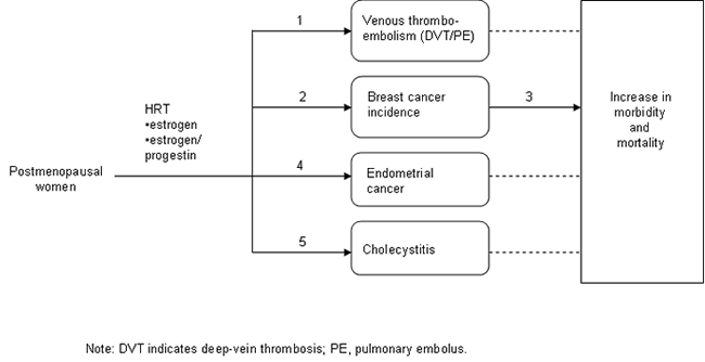 Analytic Framework 2 begins with 'Postmenopausal women' on the left. A line labeled 'HRT *estrogen, *estrogen/progestin' leads from 'Postmenopausal women' and divides into numbered arrows, each representing a key question: 1. Venous thromboembolism (DVT/PE); 2. Breast cancer incidence; 4. Endometrial cancer; 5. Cholecystitis. An arrow labeled 3 leads from 2 to a box that reads 'Increase in morbidity and mortality'; dotted lines from 1, 4, and 5 also lead to this box.