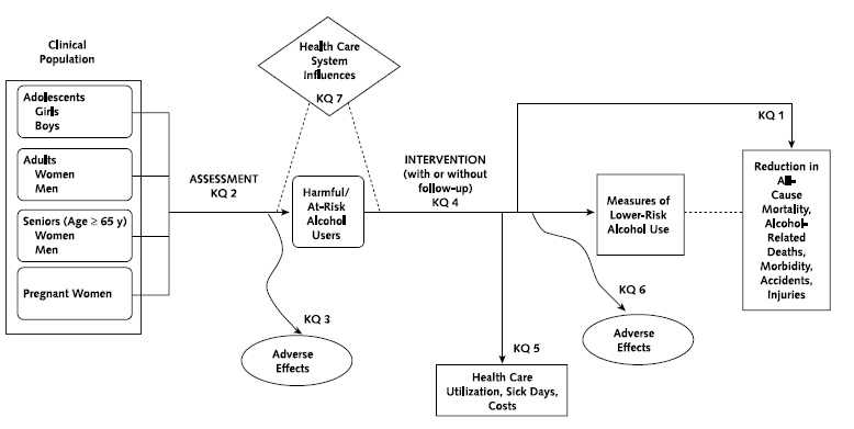 Appendix Figure 1 is an analytic framework showing the flow of the key questions. The clinical population is adolescents, adults, seniors age 65 and above, and pregnant women. KQ1 is a reduction in all-cause mortality alcohol-related deaths. KQ2 is the assessment of the clinical population. KQ3 is adverse effects. KQ4 is intervention with or without follow-up. KQ5 is healthcare utilization, sick days and costs. KQ6 is adverse effects from intervention.