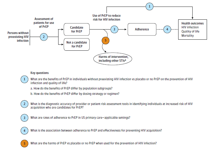 The analytic framework depicts the relationship between the population, intervention, outcomes, and harms of pre-exposure prophylaxis (PrEP) for the prevention of HIV infection. The far left of the framework describes the target population as persons without pre-existing HIV infection. To the right of the population is an arrow which represents assessment of patients for use of PrEP (key question 2) which leads to boxes representing candidate for PrEP or not a candidate for PrEP. From the candidate for PrEP population box, an arrow representing the use of PrEP to reduce risk for HIV infection leads to the effects of PrEP on the clinical outcomes of HIV infection, quality of life, and mortality (key question 1; and also key questions 1a and 1b for whether population subgroups and dosing strategy or regimen affect effectiveness), and the assessment of any potential harms of PrEP (key question 5), which include other STIs, renal insufficiency, fractures, pregnancy-related outcomes, infection with antiretroviral drug--resistant HIV, gastrointestinal harms, headaches, and discontinuation due to adverse events. Adherence is represented in the center of the figure, as key questions 3 and 4 address the rates of adherence in U.S.-relevant populations and the association between adherence and effectiveness, respectively. 