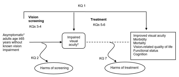 The analytic framework depicts the relationship between the Key Questions for the systematic review within the context of the populations, interventions, outcomes, and harms of screening and treatment for impaired visual acuity. The far left of the framework describes the target population as asymptomatic adults 65 years of age and older without known vision impairment. To the right of the population is a line representing the diagnostic accuracy of screening leading to the diagnosis of impaired visual acuity (Key Question 3) and instruments for identifying patients at higher risk of impaired visual acuity (Key Question 4), and an additional arrow indicates potential harms of screening (Key Question 2). A subsequent line and area of the framework leads from the impaired visual acuity diagnosis to outcomes from treatment (Key Questions 5 and 6), specifically improved visual acuity, morbidity, mortality, vision-related quality of life, functional status, and cognition. An additional arrow indicates potential harms of treatment (Key Question 7). An overarching arrow leading from the initial screening population to the outcomes represents the direct effects of screening on outcomes (Key Question 1).