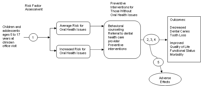 The analytic framework depicts the relationship between the population, preventive interventions, outcomes, and potential harms of interventions to prevent oral health issues. The far left of the framework describes the target population as children and adolescents ages 5 to 17 years at a clinician office visit. To the right of the population is an arrow corresponding to key question 1, which represents accuracy of risk factor assessment. This arrow leads to those at average or increased risk for oral health issues. Arrows show that children at either risk level would receive preventive interventions, as they are intended for those with without oral health issues. Key questions 2, 3, and 4 examine the effectiveness of behavioral counseling, referral to a dental health care provider, and preventive interventions, respectively, with the aim of decreasing dental caries and tooth loss and improving quality of life, functional status, and morbidity. Preventive interventions may lead to harms, which corresponds to an arrow for key question 5.