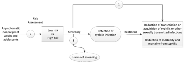 Figure 1 is the analytic framework that depicts the three Key Questions to be addressed in the systematic review. The figure illustrates how screening for syphilis infection in asymptomatic nonpregnant adolescents and adults may result in improved health outcomes, including a reduction of transmission or acquisition of syphilis or other sexually transmitted infections, and a reduction of morbidity and mortality from syphilis (Key Question 1). Additionally, the figure illustrates whether risk assessment instruments or other risk stratification methods can identify asymptomatic nonpregnant adolescents and adults at increased risk for syphilis infection (Key Question 2). The figure also shows whether screening for syphilis infection is associated with any harms (Key Question 3).