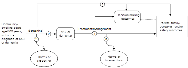 Figure 1 is the analytic framework that depicts the five Key Questions to be addressed in the systematic review. The figure illustrates how screening for mild cognitive impairment and mild to moderate dementia in adults aged 65 years or older may result in improved intermediate outcomes (decisionmaking) and health outcomes (patient, family/caregiver, and safety outcomes) (Key Question 1). There is also a question related to the accuracy of screening instruments used to detect cognitive impairment (Key Question 2) and potential harms of screening (Key Question 3). Additionally, the figure illustrates how interventions for cognitive impairment may have an impact on intermediate outcomes (decisionmaking) and health outcomes (patient, family/caregiver, and safety outcomes) (Key Question 4) and whether these interventions result in any harms (Key Question 5).