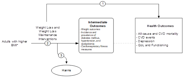 Figure 1 is the analytic framework that depicts the three Key Questions to be addressed in the systematic review. The figure illustrates how interventions to support weight loss and weight loss maintenance may result in a reduction of all-cause and CVD mortality, CVD events, depression, and improve quality of life and functioning (KQ1). Additionally, the figure illustrates how interventions to support weight loss and weight loss maintenance may have an impact on weight outcomes, incidence and prevalence of diabetes mellitus, hypertension, and dyslipidemia, and may improve cardiorespiratory fitness measures (KQ2). Further, the figure depicts whether interventions to support weight loss and weight loss maintenance are associated with any harms (KQ3).  