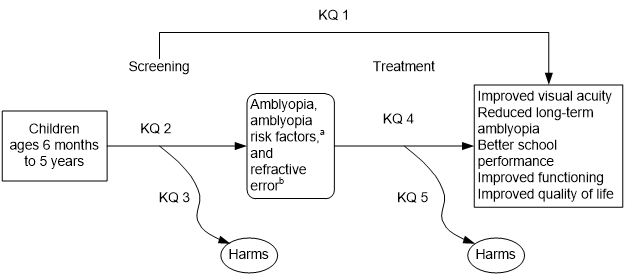 Figure 1 is an Analytic Framework that depicts this topic's key questions (K Qs) within the context of the eligible populations, screenings/interventions, comparisons, outcomes, timing, and settings identified during Topic Refinement. On the left, the population of interest is specified as children ages 6 months to 5 years old. Moving from left to right, the figure illustrates the first overarching K Q (K Q 1): Does screening for amblyopia, its risk factors, and refractive error in children ages 6 months to 5 years reduce long-term amblyopia, improve visual acuity in childhood and/or adulthood, or improve school performance, functioning, and/or quality of life? There is a footnote "a" providing a list of what amblyopia risk factors include. Another footnote "b" explains that determination of refractive error will be based on age-appropriate standards. Next, the figure presents the second K Q (K Q 2), which evaluates the accuracy and reliability of screening tests for amblyopia, its risk factors, and refractive error in children ages 6 months to 5 years. Use of these screening tests may result in harms, which are addressed in the third K Q (K Q 3). Next, the fourth K Q addresses the potential benefits of treatment of amblyopia, its risk factors, and refractive error in children ages 6 months to 5 years in two parts. Specifically, K Q 4 a asks if treatment improves visual acuity in childhood and/or adulthood. K Q 4 b asks if treatment reduces long-term amblyopia or improve school performance, functioning, and/or quality of life. Finally, the fifth K Q (K Q 5) asks: What are the harms of treatment of amblyopia, its risk factors, and refractive error in children ages 6 months to 5 years?