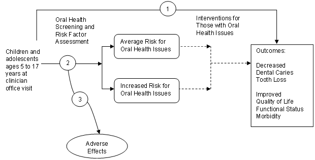 The analytic framework depicts the relationship between the population, screening, interventions, outcomes, and potential harms of screening for oral health. The far left of the framework shows the target population for screening as children age 5 through 17 years at a clinician office visit. To the right of the population is an arrow corresponding to key question 2 which represents the accuracy of screening and risk factor assessment. This arrow leads to those at average or increased risk for oral health issues. This step may lead to harms, which corresponds to key question 3. Arrows show that children at either risk level may experience interventions with the aim of decreasing dental caries and tooth loss and improving quality of life, functional status, and morbidity. An overarching arrow representing key question 1 goes directly from screening to these outcomes of interest.