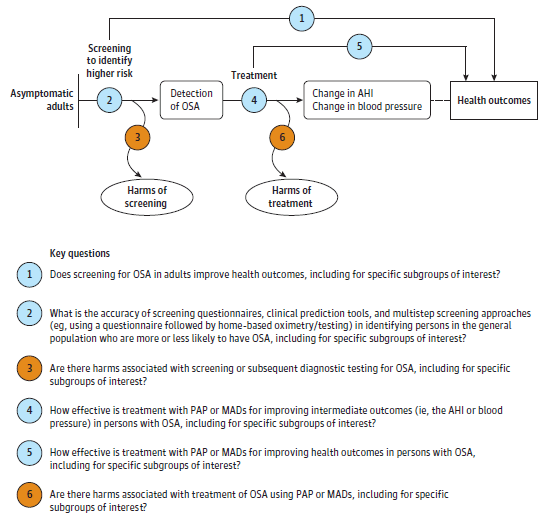 Figure 1 depicts the key questions within the context of the eligible populations, screenings, interventions, comparisons, outcomes, settings, and study designs. On the left, the population of interest is asymptomatic adults. Moving from left to right, the figure illustrates the overarching question: Does screening for obstructive sleep apnea (OSA) in asymptomatic adults improve health outcomes (KQ 1). The figure depicts the question: What is the accuracy of screening questionnaires, clinical prediction tools, and multistep screening approaches in identifying persons in the general population who are more or less likely to have OSA (KQ 2). Screening may result in harms (KQ 3). After detection of OSA, the figure illustrates the following questions: How effective is treatment with positive airway pressure or mandibular advancement devices for improving intermediate outcomes (i.e., apnea-hypopnea index, blood pressure) (KQ 4) and for improving health outcomes (KQ 5). Treatment with positive airway pressure or mandibular advancement devices may result in harms (KQ 6).