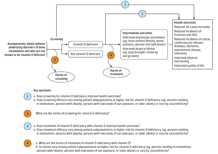 Figure 1 is titled “Analytic Framework for Systematic Review of Screening for Vitamin D Deficiency in Adults.” This figure depicts the key questions (KQs) within the context of the eligible populations, screenings/interventions, comparisons, outcomes, timing, and settings. On the left, the population of interest is specified as asymptomatic adults without underlying disorders of bone metabolism and who are not known to be vitamin D deficient. Moving from left to right, the figure illustrates the overarching question (key question 1): Does screening for vitamin D deficiency improve health outcomes (i.e., reduce mortality, incidence of fractures and falls, incidence of cancer, cardiovascular disease, diabetes, dementia, autoimmune disease, infections, improve physical functioning and quality of life)? The figure depicts the pathway from screening for vitamin D deficiency to determination of whether person is vitamin D deficient or not, to intermediate outcomes (improved physiologic parameters such as bone mineral density, blood pressure, glucose and lipid levels, improved physical fitenss measures such as grip strength and timed up and go tests).  Key question 2 is depicted in the pathway to assess harms from screening. Key question 3 in the pathway assesss health outcomes from treatment for persons identified as vitamin D deficient, and key question 4 assesses harms from treatment.