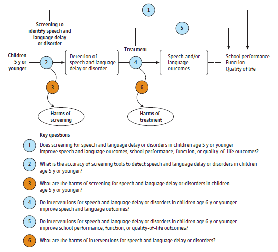 Figure 1 depicts the key questions within the context of the eligible populations, screenings, interventions, comparisons, outcomes, settings, and study designs. On the left, the population of interest is children age 5 years or younger. Moving from left to right, the figure illustrates the overarching key question (KQ): Does screening for speech and language delay or disorders in children age 5 years or younger improve speech and language outcomes, school performance, function, or quality-of-life outcomes (KQ 1). The figure depicts the question: What is the accuracy of screening tools to detect speech and language delay and disorders in children age 5 years or younger (KQ 2). Screening may result in harms (KQ 3). After detection of speech and language delay or disorders, the figure illustrates the following questions: Do interventions for speech and language delay or disorders in children age 6 years or younger improve speech and language outcomes (KQ 4) and do interventions for speech and language delay or disorders in children age 6 years or younger improve school performance, function, or quality-of-life outcomes (KQ 5). Interventions for speech and language delay or disorders may result in harms (KQ 6).