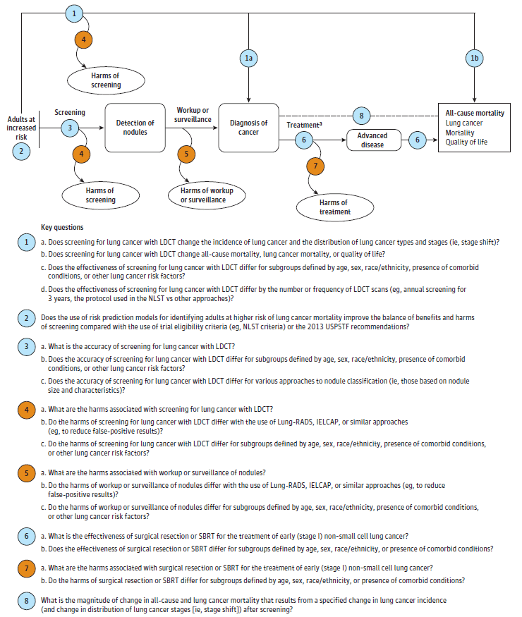 Figure 1 depicts the key questions (KQs) within the context of the eligible populations, screening tools/interventions, comparisons, outcomes, and settings. The figure first illustrates the overarching question, how does screening for lung cancer with low-dose computed tomography (LDCT) change the incidence of lung cancer and distribution of lung cancer types and stages (KQ1), and what are the harms associated with screening (KQ 4)? On the left, the population of interest is specified as adults at increased risk of lung cancer. Beneath the population of interest, KQ 2 posits: does the use of risk prediction models for identifying adults at higher risk of lung cancer mortality improve the balance of benefits and harms of screening compared with trial eligibility criteria? The figure then depicts the pathway from screening to the detection of nodules, asking: what is the accuracy of LDCT screening for lung cancer (KQ 3) and what are the associated harms of screening (KQ 4)? Following the detection of nodules, the figure addresses the pathway of workup or surveillance to diagnosis of lung cancer, asking: what are the harms associated with workup or surveillance of nodules (KQ 5)? Following diagnosis of lung cancer, the figure outlines the pathway of treatment to advanced disease, and then to health outcomes of interest, asking: how effective is surgical resection for the treatment of early (stage I) non-small cell lung cancer (KQ 6), and what are the associated harms of treatment (KQ 7)? Alongside the aforementioned pathway, the figure follows the pathway from diagnosis of lung cancer to health outcomes, asking: what is the magnitude of change in all-cause mortality that results from a specified change in lung cancer incidence and change in distribution of lung cancer stages after screening (KQ 8)?