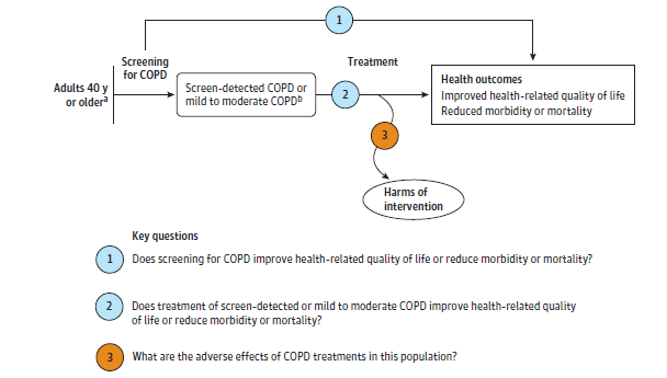 Figure is the analytic framework that depicts the three Key Questions to be addressed in the review. The figure illustrates how screening for chronic obstructive pulmonary disease may result in improved health outcomes including reduced morbidity or mortality and improved health-related quality of life (KQ1). Additionally, the figure depicts how treatment of screen detected chronic obstructive pulmonary disease or mild to moderate chronic obstructive pulmonary disease may result in reduced morbidity or mortality, or improved health-related quality of life (KQ2) or may result in any harms (KQ3). 