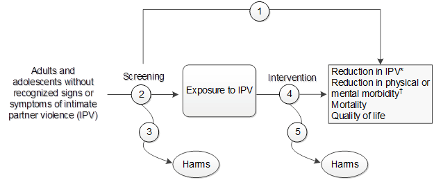 Figure 1 depicts the key questions within the context of the eligible populations, screenings/interventions, comparisons, outcomes, and settings. On the left, the population of interest is adolescents and adults without recognized signs or symptoms of intimate partner violence (IPV). Moving from left to right, the figure illustrates the overarching key question (KQ): Does screening for current or past IPV in adolescents and adults reduce exposure to IPV, physical or mental morbidity, or mortality (KQ1)? The figure depicts the question: What is the accuracy of screening questionnaires or tools for identifying adolescents and adults with current or past IPV (KQ2)? Screening may result in harms (KQ3). After detection of exposure to IPV in adolescents and adults without recognized signs or symptoms of IPV, the figure illustrates the question: How well do interventions reduce exposure to IPV, physical or mental morbidity, mortality, or quality of life among screen-detected adolescents and adults with current or past IPV (KQ 4)? Interventions may result in harms (KQ5). 