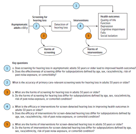 Figure 1 is an Analytic Framework and depicts the update review’s key questions (KQs) within the context of the eligible populations, screenings/interventions, comparisons, outcomes, timing, and settings. On the left, the population of interest is specified as asymptomatic adults age 50 years or older. Moving from left to right, the figure illustrates the overarching question: Does screening for hearing loss in asymptomatic older adults improve health outcomes (i.e., improve quality of life and function or reduce depression, cognitive impairment, falls, and social isolation) (KQ1)? The figure depicts the pathway from screening to detection of hearing loss to illustrate the second KQ: What is the accuracy of primary care–relevant screening tests for identifying previously undiagnosed hearing loss in adults age 50 years or older (KQ2)? Screening for hearing loss may result in harms, which is addressed by KQ3. The figure also illustrates the fourth KQ: What are the benefits of interventions on health outcomes in asymptomatic, screen-detected older adults with hearing loss (KQ4)? Health outcomes of interest include quality of life, function, depression, cognitive impairment, falls, and social isolation. Finally, treatment may also result in harms, which is addressed by KQ5