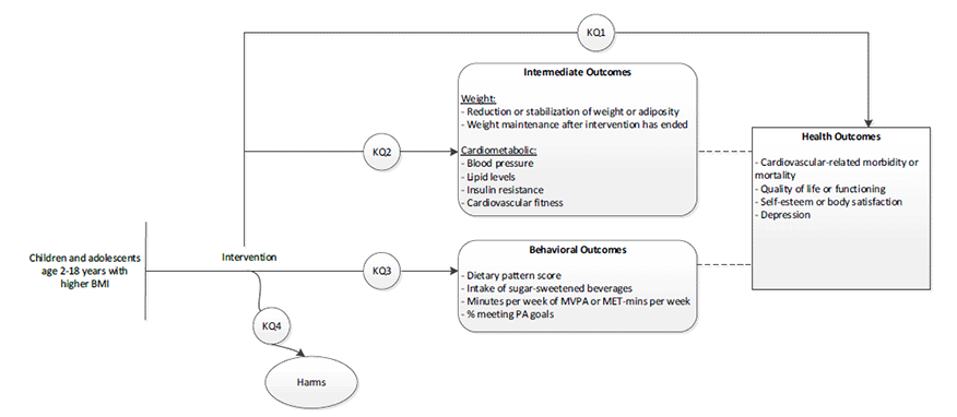 Figure 1 is an analytic framework that depicts four Key Questions to be addressed in the systematic review. The figure illustrates how primary care–relevant behavioral,  pharmacotherapy, or combined weight management interventions for children and adolescents with higher body mass index (BMI) improve health outcomes (Key Question 1), and whether primary care–relevant behavioral, pharmacotherapy, or combined weight management interventions for children and adolescents with higher BMI affect weight outcomes or cardiometabolic outcomes (Key Question 2). Additionally, the figure addresses whether primary care–relevant behavioral, pharmacotherapy, or combined weight management interventions for children and adolescents with higher BMI improve behavioral outcomes (Key Question 3), and if weight management interventions for children and adolescents may result in any harms (Key Question 4).