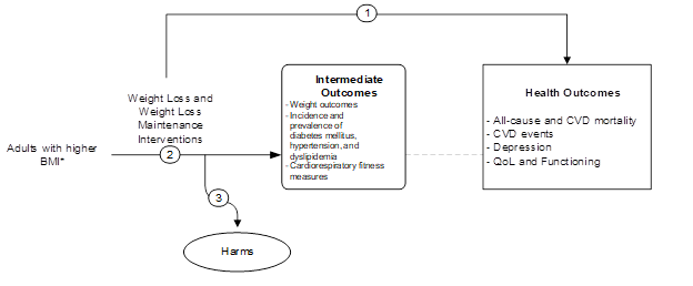 Figure 1 is the analytic framework that depicts the three Key Questions to be addressed in the systematic review. The figure illustrates how interventions to support weight loss and weight loss maintenance may result in a reduction of all-cause and CVD mortality, CVD events, depression, and improve quality of life and functioning (KQ1). Additionally, the figure illustrates how interventions to support weight loss and weight loss maintenance may have an impact on weight outcomes, incidence and prevalence of diabetes mellitus, hypertension, and dyslipidemia, and may improve cardiorespiratory fitness measures (KQ2). Further, the figure depicts whether interventions to support weight loss and weight loss maintenance are associated with any harms (KQ3). 