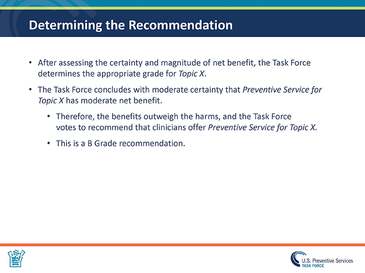 Slide 19. Determining the Recommendation. After assessing the certainty and magnitude of net benefit, the Task Force determines the appropriate grade for Topic X. The Task Force concludes with moderate certainty that Preventive Service for Topic X has moderate net benefit.  Therefore, the benefits outweigh the harms, and the Task Force votes to recommend that clinicians offer Preventive Service for Topic X.  This is a B Grade recommendation. 