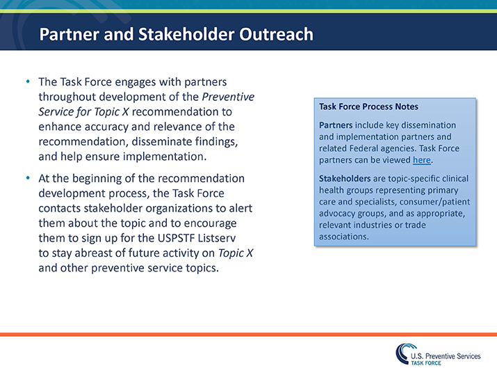 Slide 32. Partner and Stakeholder Outreach. The Task Force engages with partners throughout development of the Preventive Service for Topic X recommendation to enhance accuracy and relevance of the recommendation, disseminate findings,  and help ensure implementation. At the beginning of the recommendation development process, the Task Force contacts stakeholder organizations to alert them about the topic and to encourage them to sign up for the USPSTF Listserv to stay abreast of future activity on Topic X and other preventive service topics. Blue Box:  Task Force Process Notes  Partners include key dissemination and implementation partners and related Federal agencies. Task Force partners can be viewed here.  Stakeholders are topic-specific clinical health groups representing primary care and specialists, consumer/patient advocacy groups, and as appropriate, relevant industries or trade associations.
