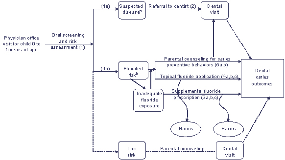 Diagram of an analytic framework which outlines general types of interventions provided by primary care clinicians appropriate to children between birth and 5 years of age. Go to Text Description for details.